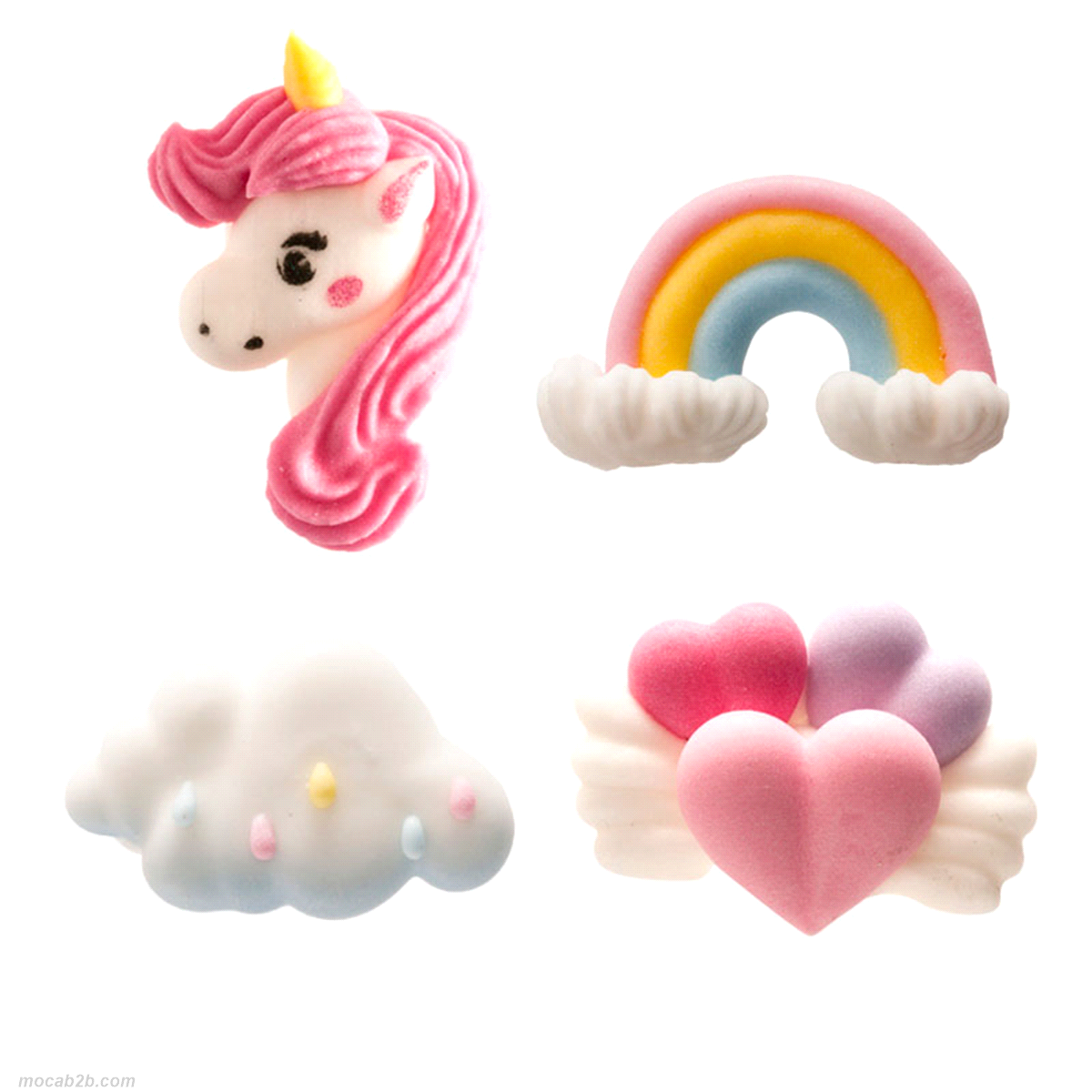 Blister assortito di mini decorazioni di unicorno in pasta di zucchero. Senza e171, Senza glutine. 