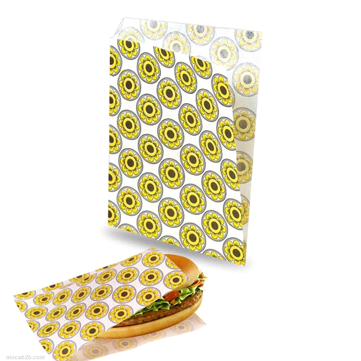 Sacchetto politenato con apertura laterale adatto per contenere panini, pezzi di rosticceria e/o piadine. Lo strato di polietilene evita la fuoriuscita di grassi e umidità. 