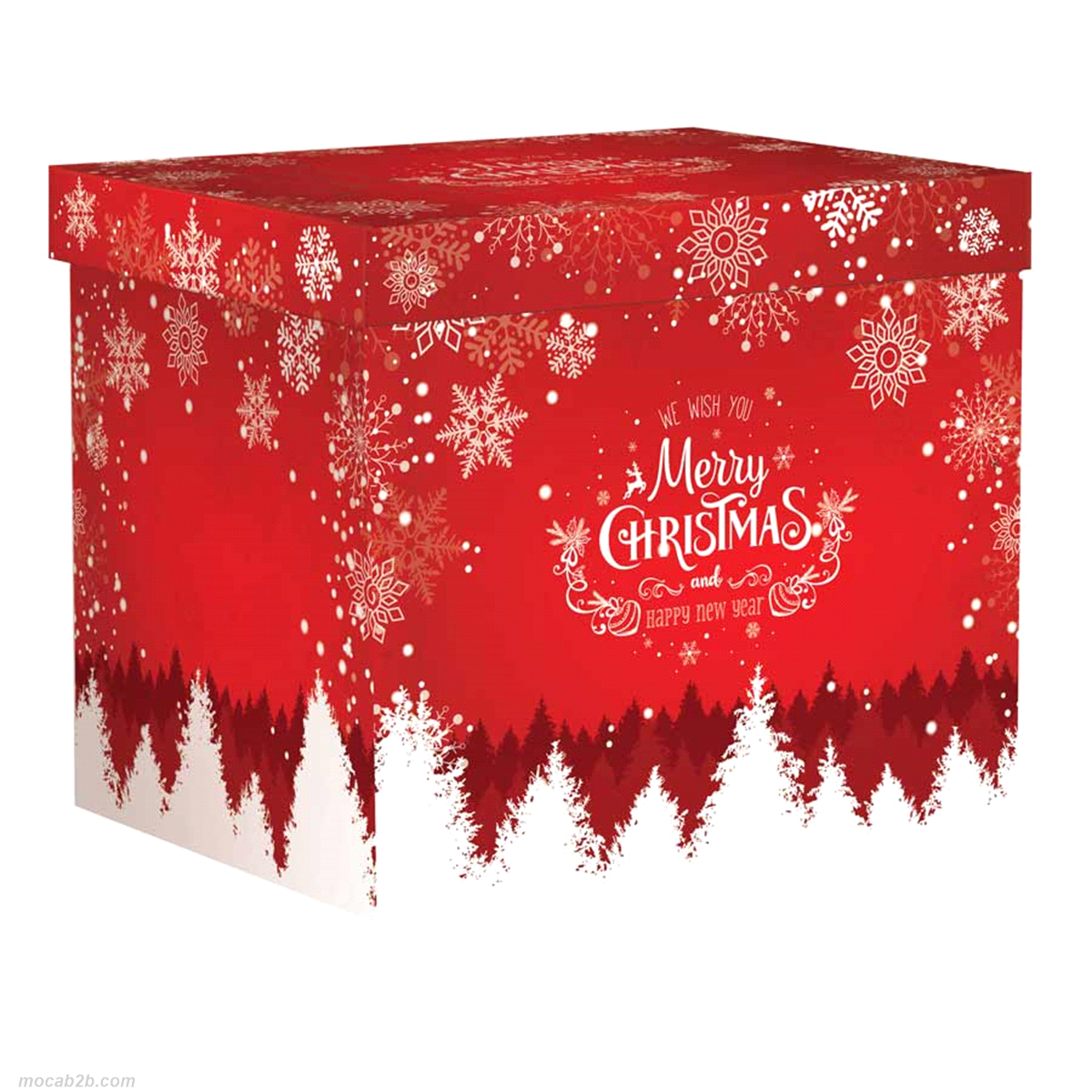 Scatola Merry Christmas rosso, fondo e coperchio Linea 1300. Misure 49x34 h33. Peso massimo consigliato 12Kg. 