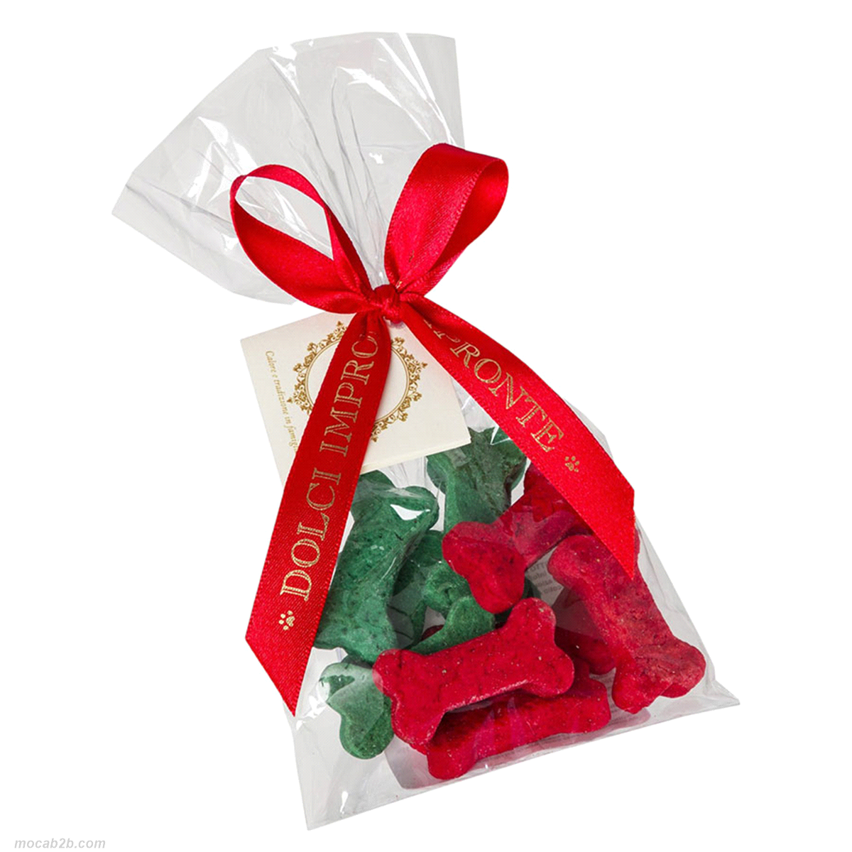 Sacchettino natalizio con fiocco con biscottini a forma di osso rossi e verdi fatti a mano uno per uno. 
