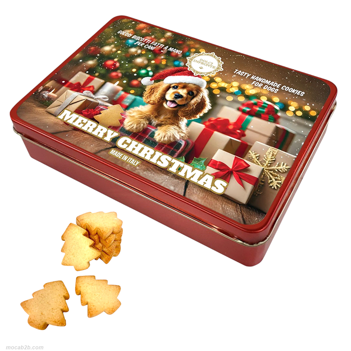 Scatola in latta rossa contenente 140gr di biscotti a forma di albero di Natale in frolla. Fatti a mano uno per uno. 