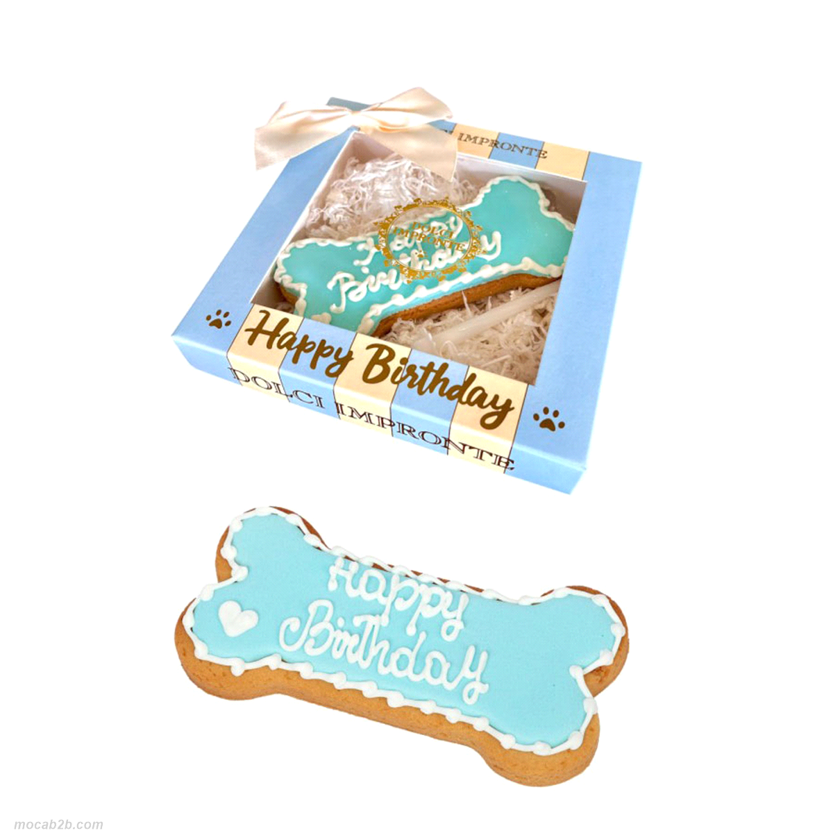 Biscotto in delicata pasta frolla,  decorato a mano in colore azzurro, con scritta Happy Birthday e candelina.  Confezionato in scatola di cartone azzurra con fiocco. 