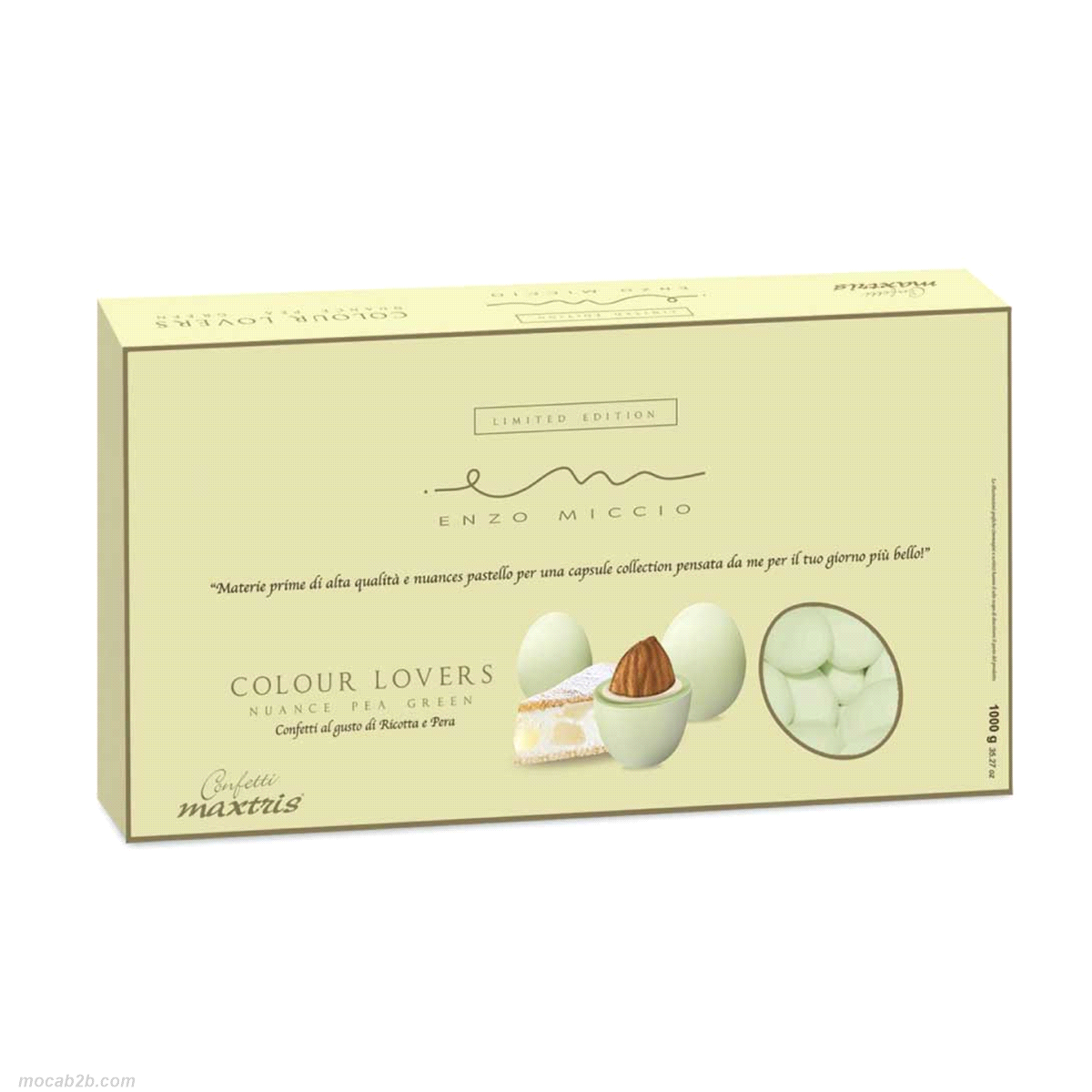 Mandorla tostata ricoperta da cioccolato bianco al gusto di torta ricotta e pera e da un sottile strato di zucchero.
 