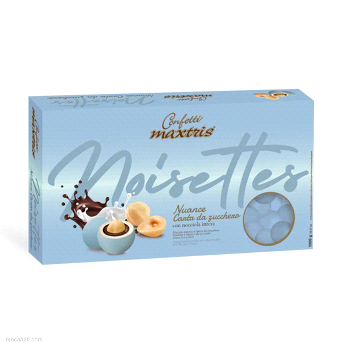 Confetti con nocciola tostata ricoperta da cioccolato bianco e fondente e da uno sottile strato di zucchero.Senza glutine e senza olio di palma.
 