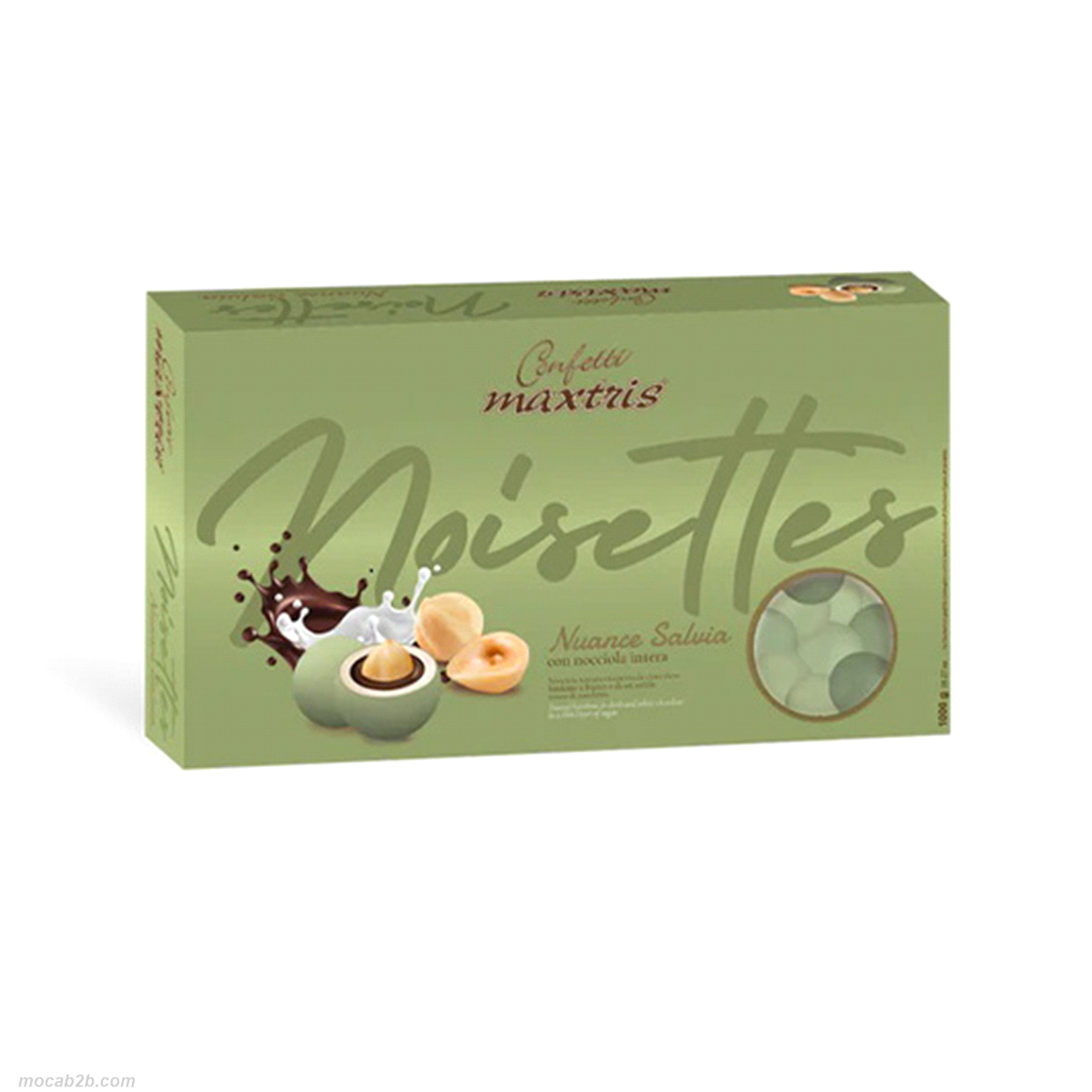 Confetti con nocciola tostata ricoperta da cioccolato bianco e fondente e da uno sottile strato di zucchero.Senza glutine e senza olio di palma.
 