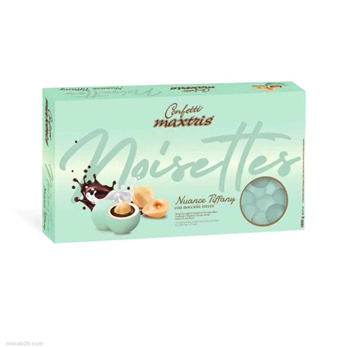 Confetti con nocciola tostata ricoperta da cioccolato bianco e fondente e da uno sottile strato di zucchero.Senza glutine e senza olio di palma.
 