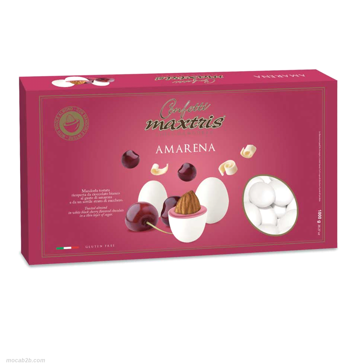 Mandorla tostata ricoperta da cioccolato bianco al gusto di amarena e da un sottile strato di zucchero.
 