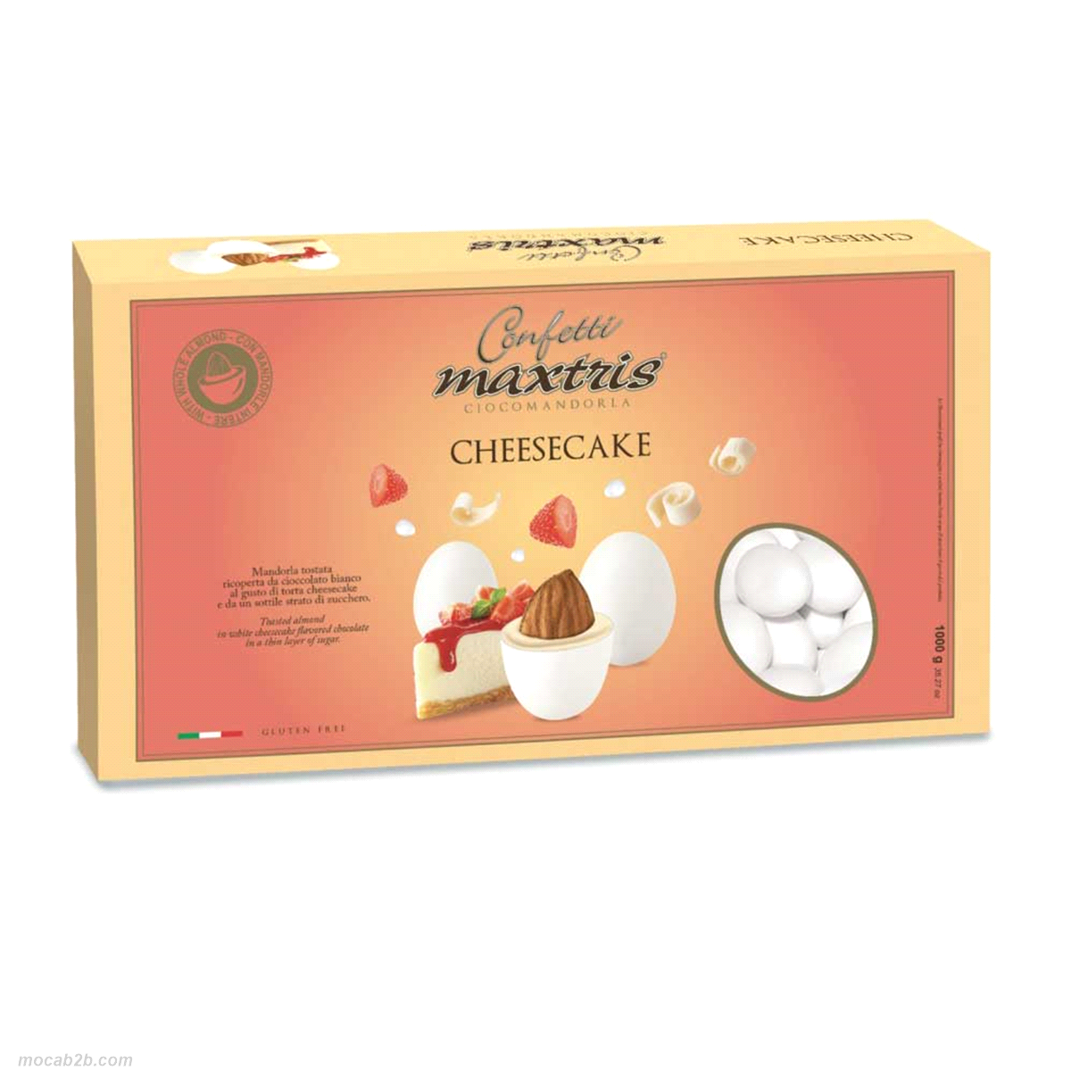 Mandorla tostata ricoperta da cioccolato bianco al gusto di torta cheesecake e da un sottile strato di zucchero.
 