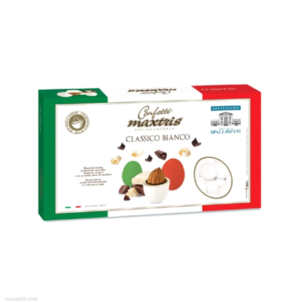 Mandorla tostata ricoperta da cioccolato fondente e bianco e da un sottile strato di zucchero.
 