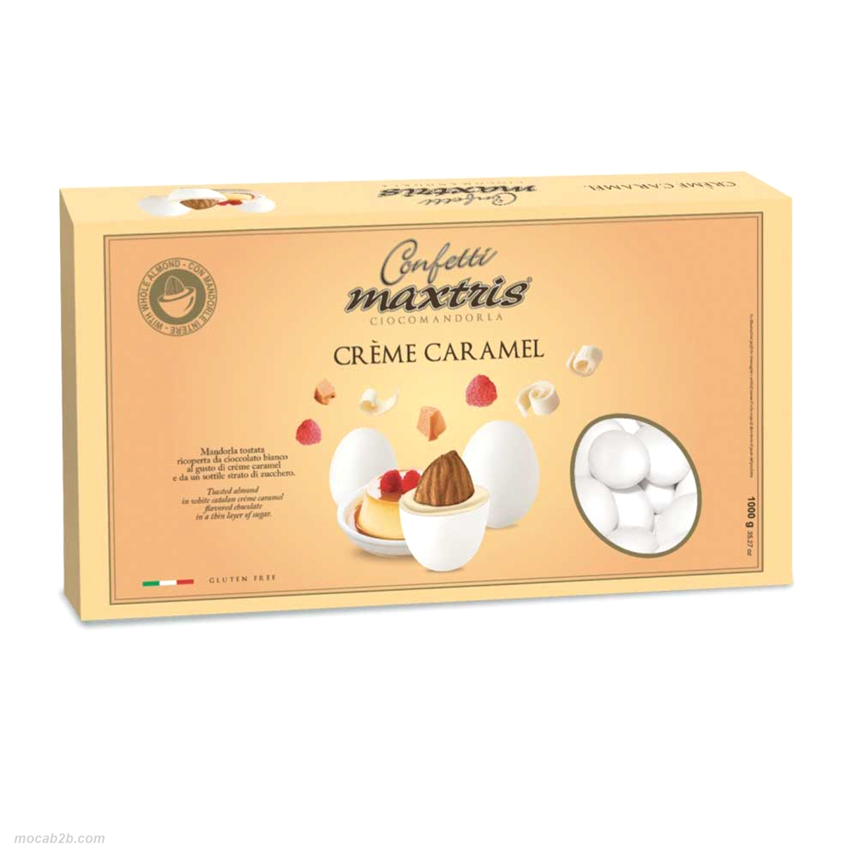 Mandorla tostata ricoperta da cioccolato bianco al gusto di creme caramel e da un sottile strato di zucchero.
 