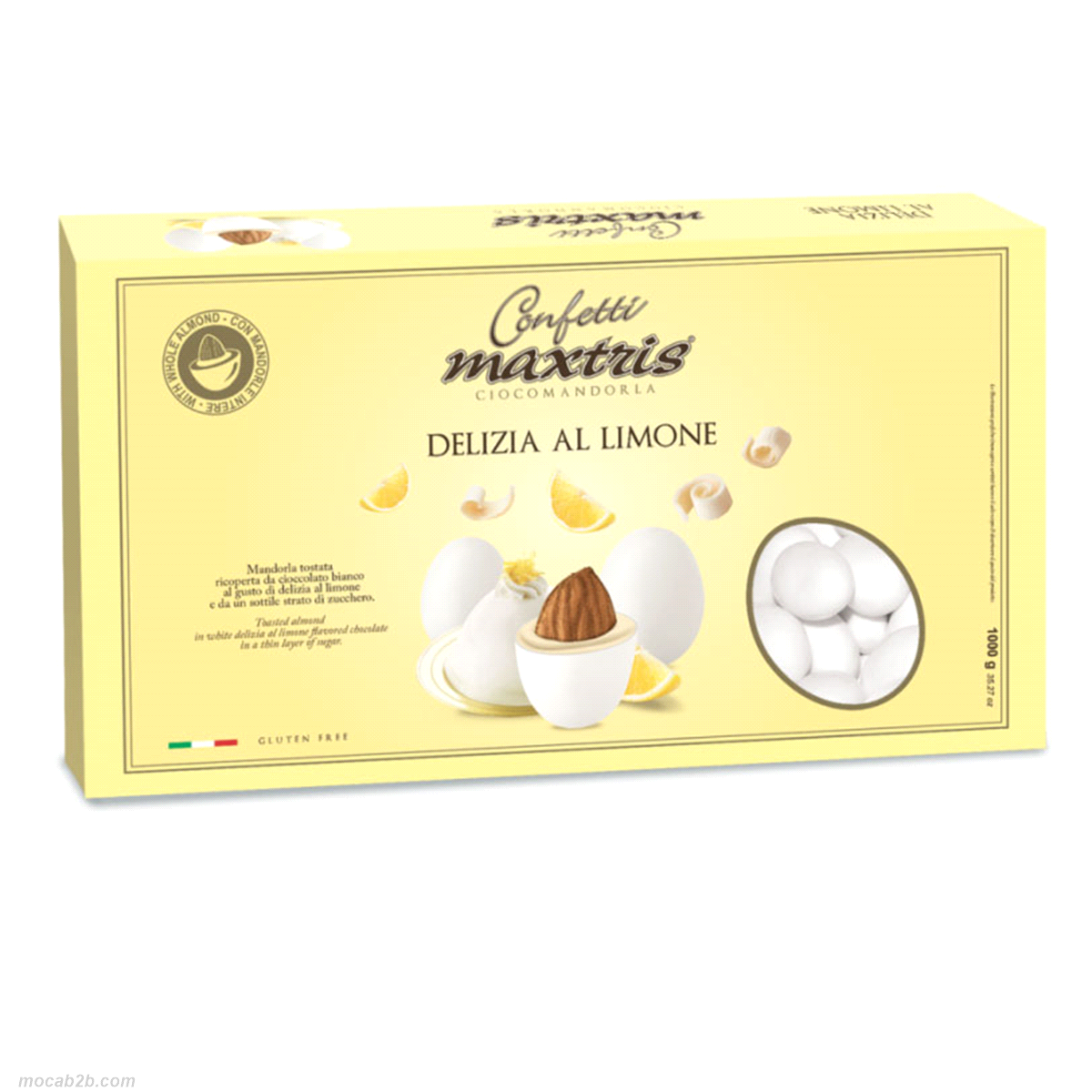 Mandorla tostata ricoperta da cioccolato al latte o fondente o bianco ai gusti assortiti (classico, amarena, arancia, limone, cocco, fragola, mela verde, latte, gianduia e fondente) e da un sottile strato di zucchero.
 