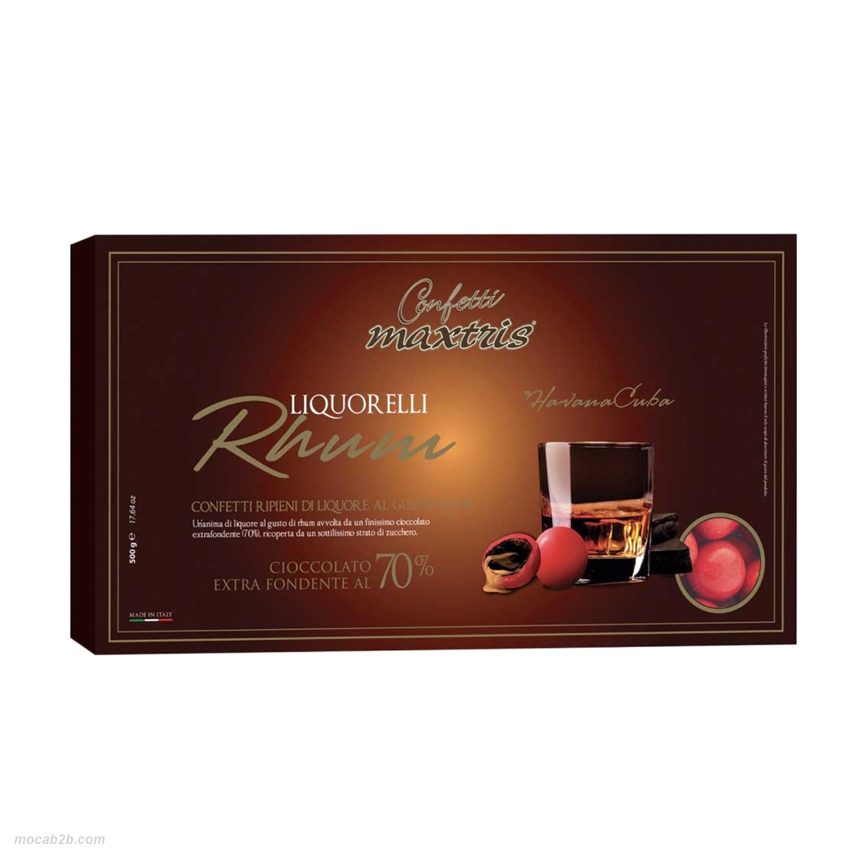 Confetti con cioccolato extra fondente (70%cacao) ripieni di liquore al gusto Rhum.
 