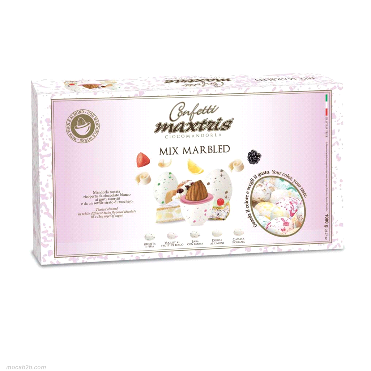 Mandorla tostata ricoperta da cioccolato bianco ai gusti assortiti (yogurt ai frutti di bosco, baba` con panna, delizia al limone, cassata siciliana, torta ricotta e pera) e da un sottile strato di zucchero.
 