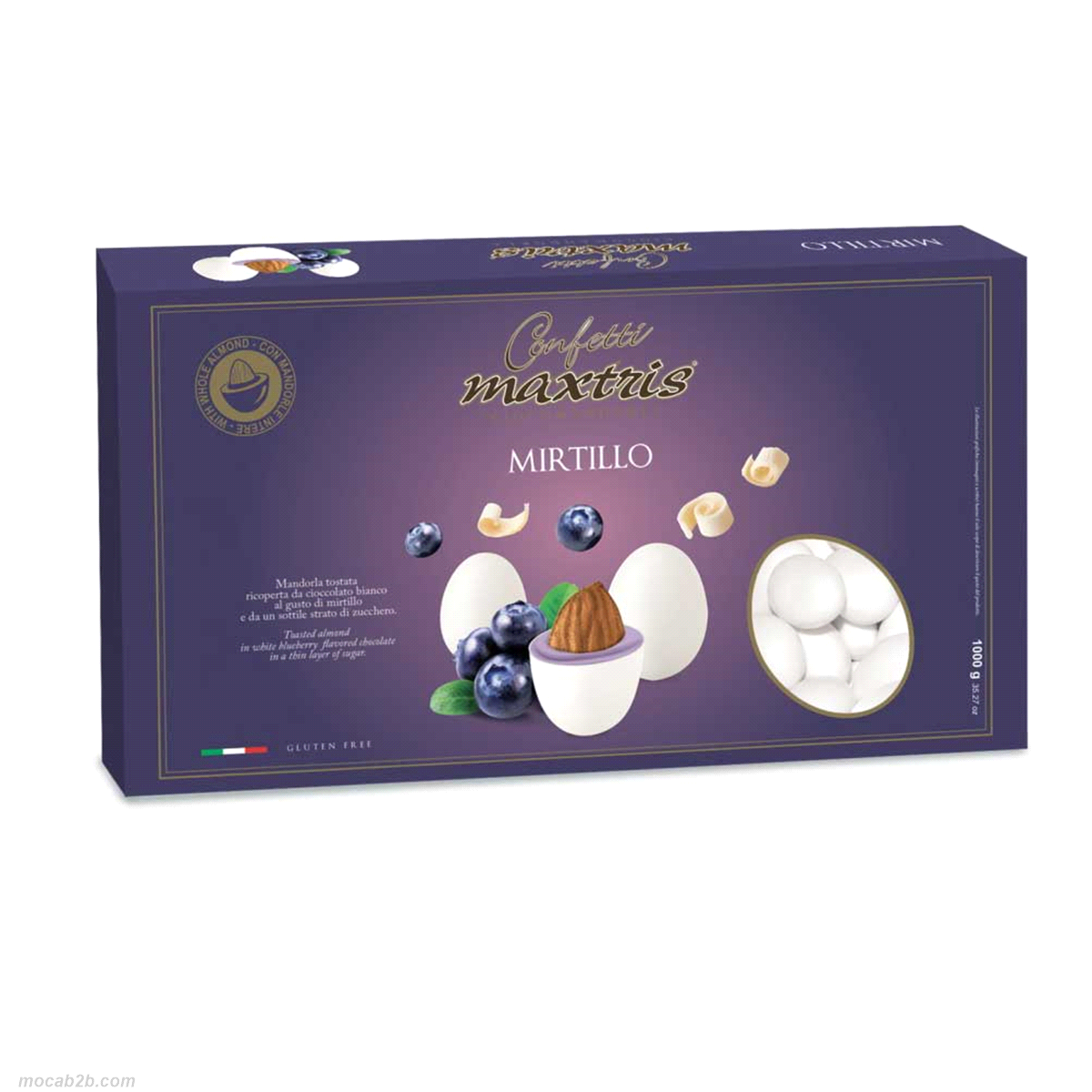 Mandorla tostata ricoperta da cioccolato bianco al gusto di mirtillo e da un sottile strato di zucchero.
 