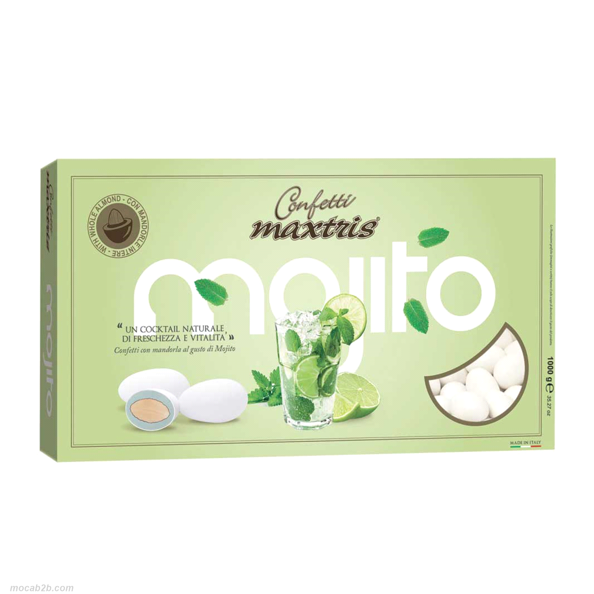 Mandorla tostata ricoperta da cioccolato bianco al gusto di Mojito e da un sottile strato di zucchero.
 