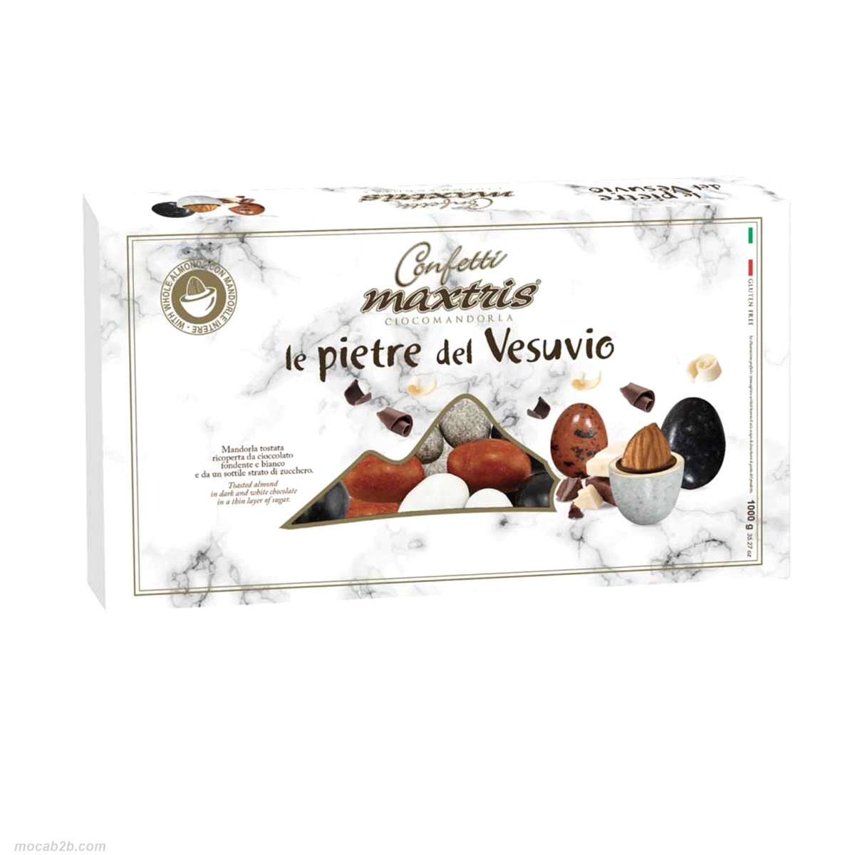 Mandorla Tostata ricoperta da cioccolato fondente e bianco e da un sottile strato di zucchero.
 