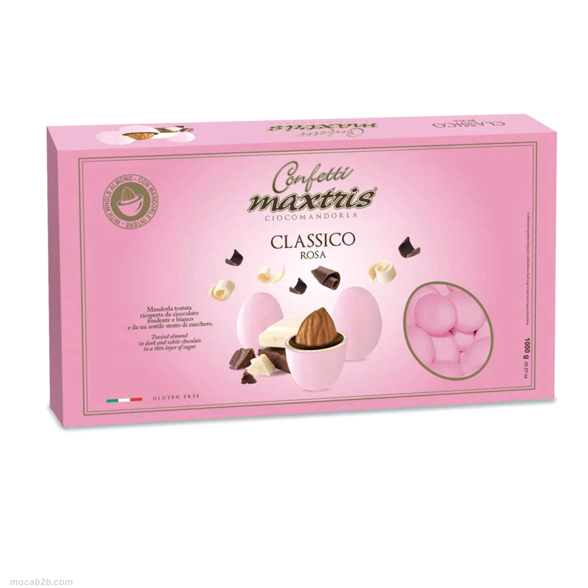 Mandorla tostata ricoperta da cioccolato fondente e bianco e da un sottile strato di zucchero.
 