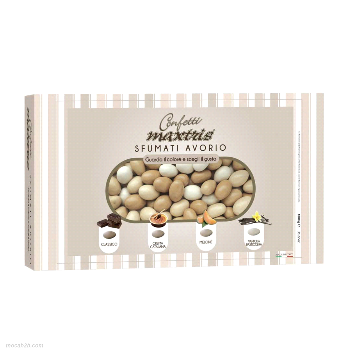 Mandorla tostata ricoperta da uno strato di cioccolato bianco o fondente ai gusti assortiti (classico, crema catalana, melone e vaniglia pasticcera) e da un sottile strato di zucchero.
 