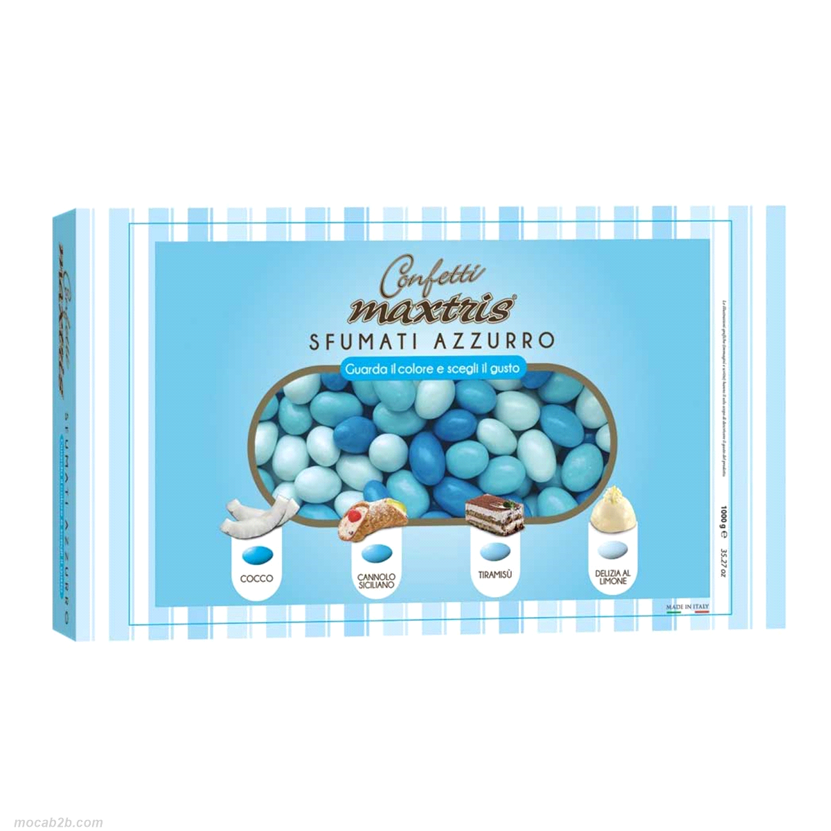 Mandorla tostata ricoperta da uno strato di cioccolato bianco ai gusti assortiti (cocco, cannolo siciliano, tiramisu` e delizia al limone) e da un sottile strato di zucchero.
 