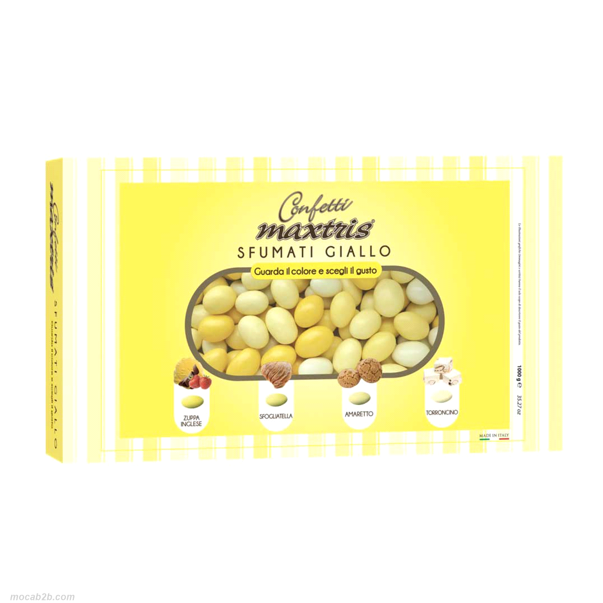 Mandorla tostata ricopeta da uno strato di cioccolato bianco o al latte ai gusti assortiti (zuppa inglese, sfogliatella, amaretto e torroncino) e da un sottile strato di zucchero.
 