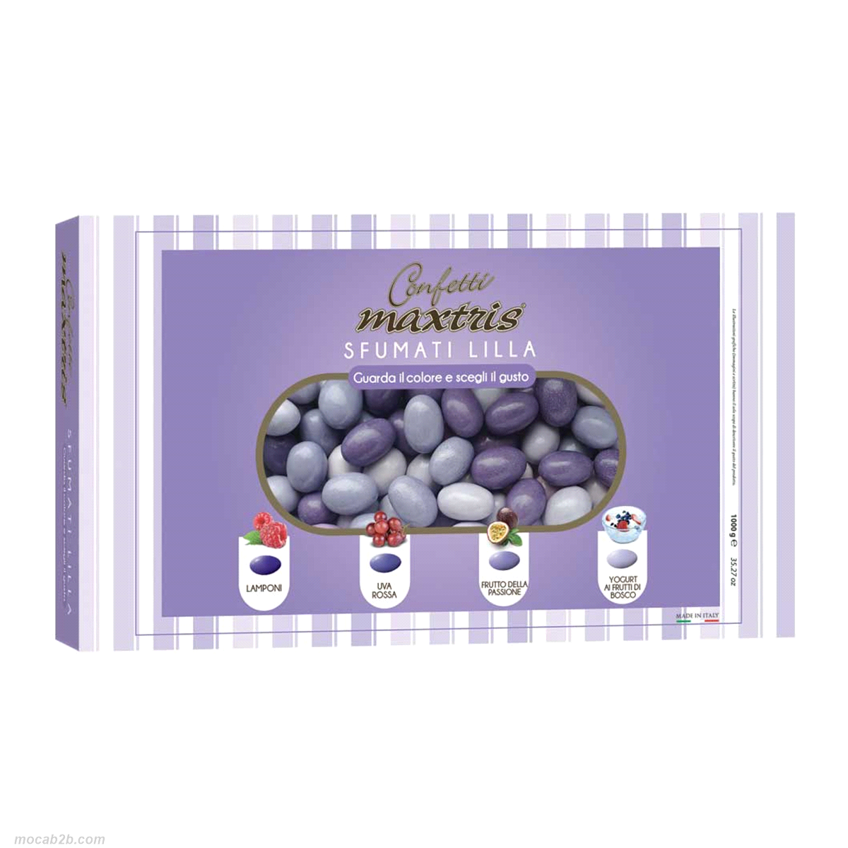 Mandorla tostata ricoperta da cioccolato bianco ai gusti assortiti (lamponi, uva rossa, frutto della passione e yogurt ai frutti di bosco) e da un sottile strato di zucchero.
 