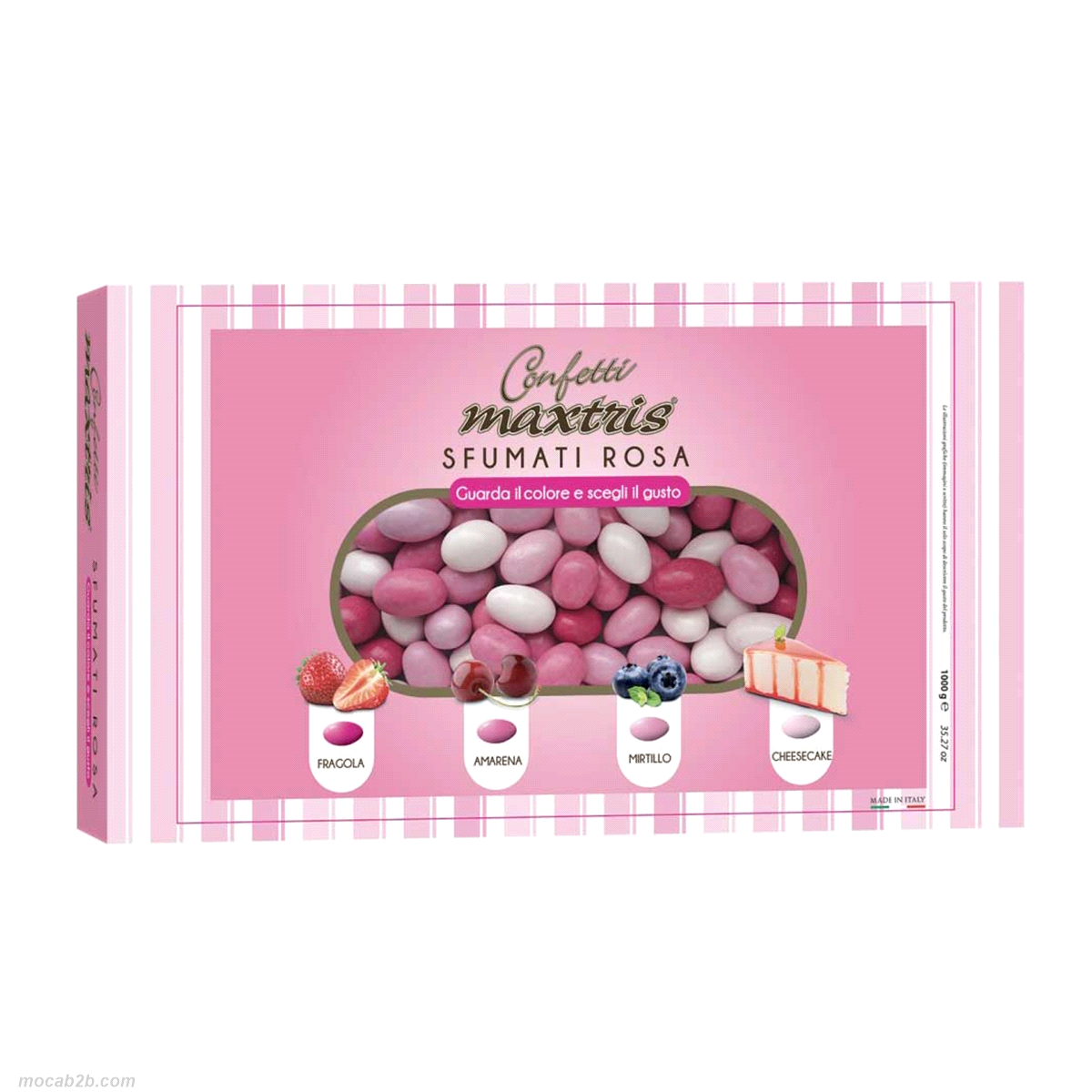 Mandorla tostata ricoperta da uno strato di cioccolato bianco ai gusti assortiti (fragola, amarena, mirtillo e cheesecake) e da un sottile strato di zucchero.
 