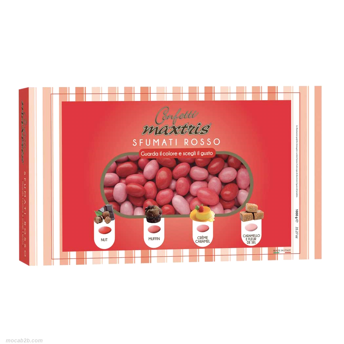 Mandorla tostata ricoperta da cioccolato bianco o al latte o al latte e alle nocciole gianduia ai gusti assortiti (gianduia, muffin, creme caramel e caramello e fleur de sel) e da un sottile strato di zucchero.
 