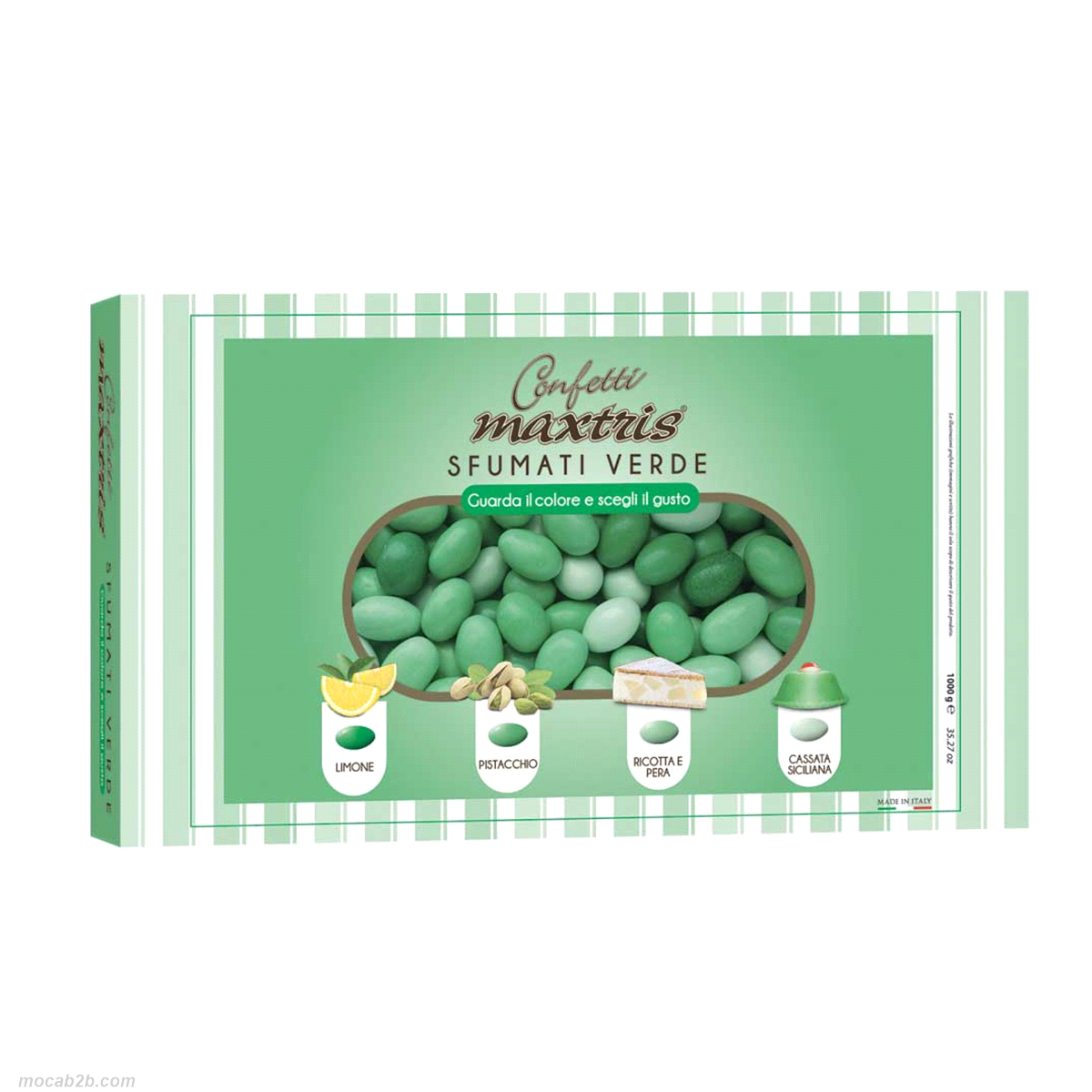 Mandorla tostata ricoperta da cioccolato bianco ai gusti assortiti (limone, pistacchio, ricotta e pera e cassata siciliana) e da un sottile strato di zucchero.
 