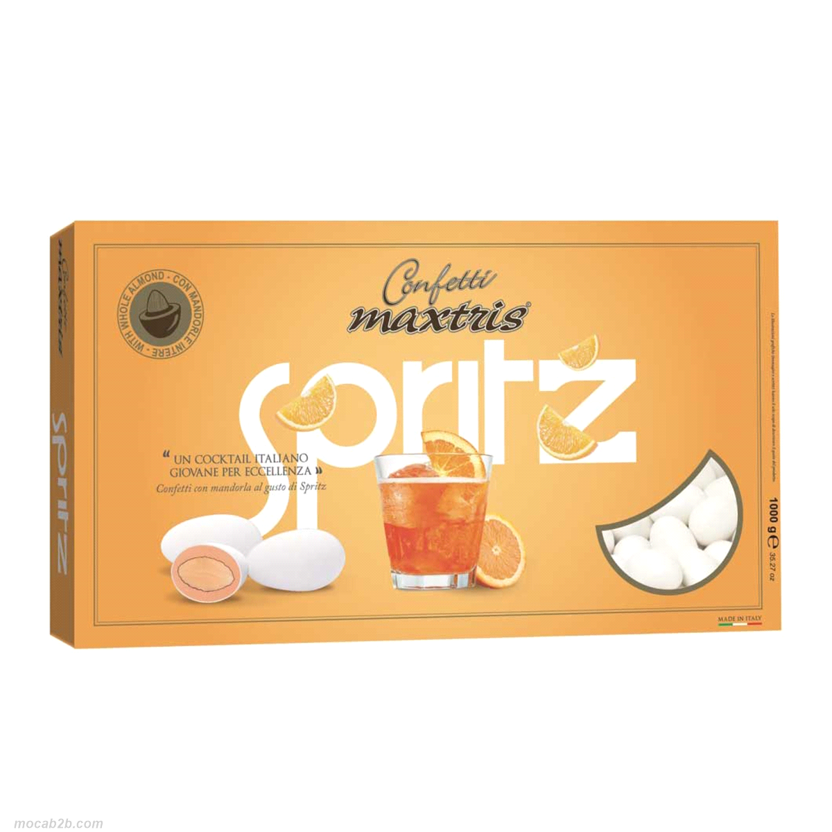 Mandorla tostata ricoperta da cioccolato bianco al gusto Spritz e da un sottile strato di zucchero.
 