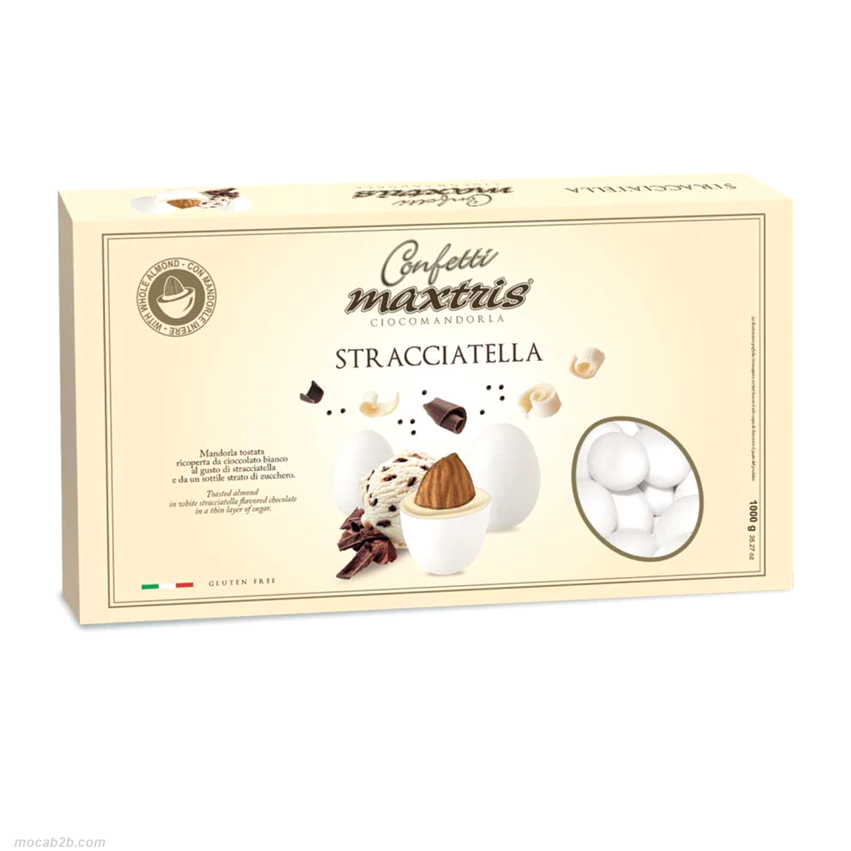 Mandorla tostata ricoperta da cioccolato bianco al gusto di stracciatella e da un sottile strato di zucchero.
 