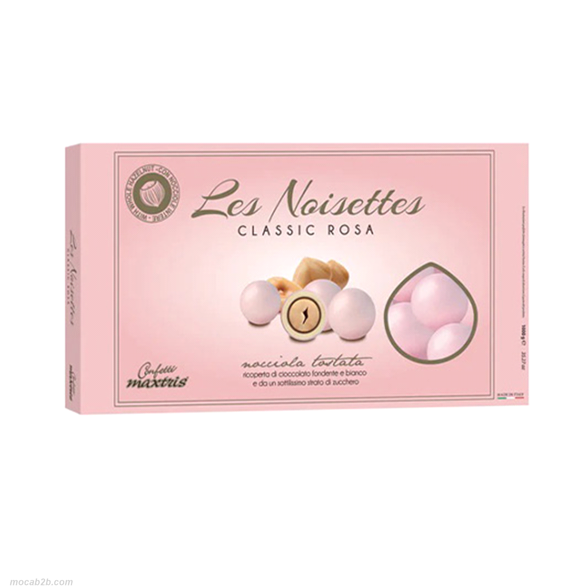 Confetti con nocciola tostata ricoperta da cioccolato bianco e fondente e da uno sottile strato di zucchero.Senza glutine e senza olio di palma.
 