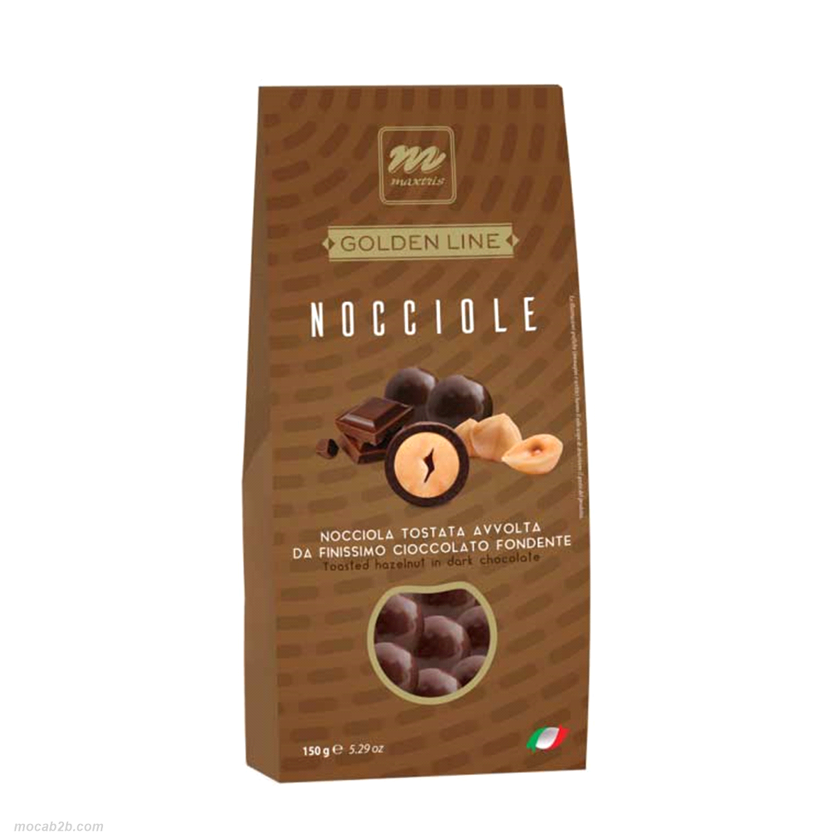 Snack composto da Nocciola tostata avvolta da finissimo cioccolato fondente.
 