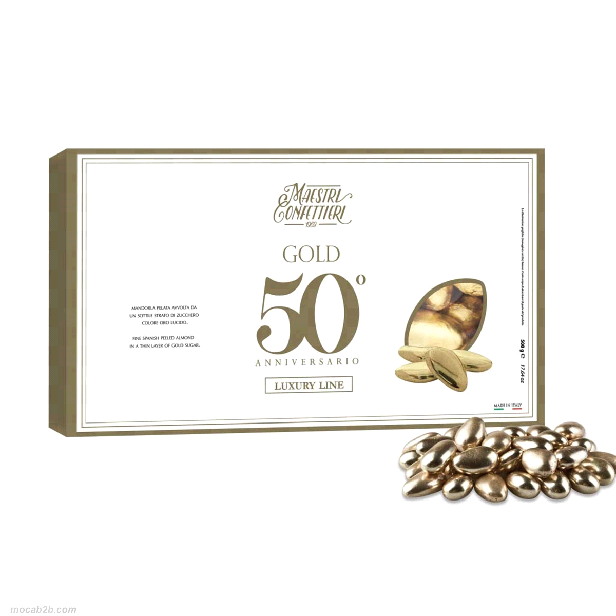 Mandorla ricoperta da un sottile strato di zucchero colore oro perlato.
 