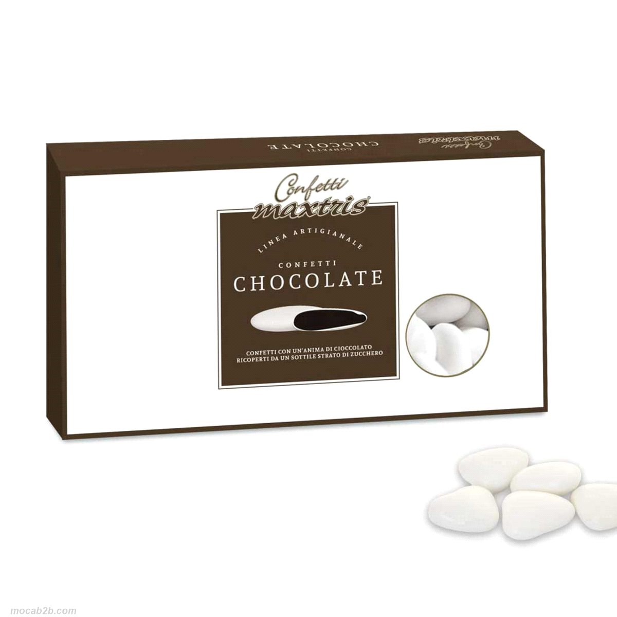 Un’anima di cioccolato fondente a forma di cuore ricoperta da un sottile strato di zucchero.
 