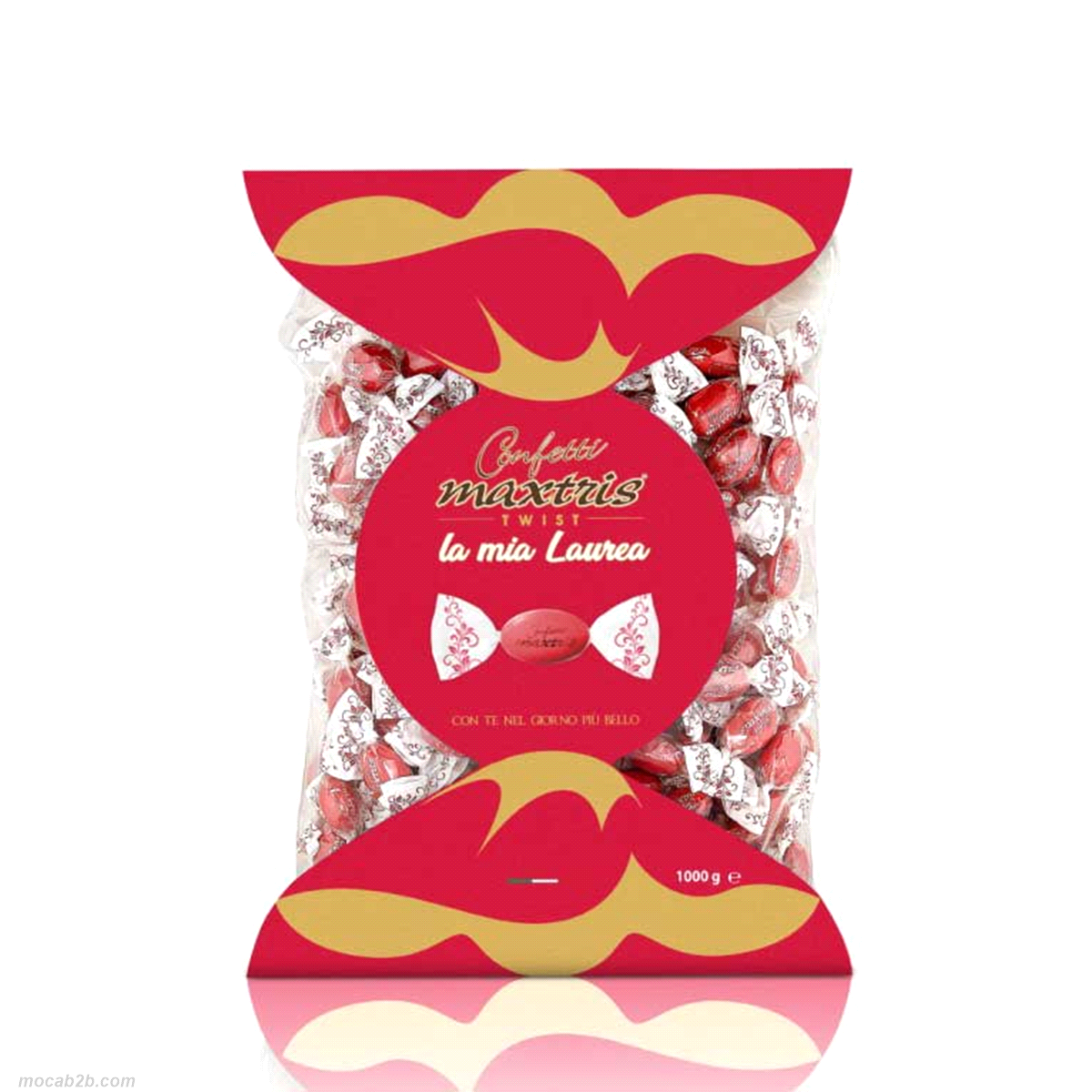 Mandorla tostata ricoperta da cioccolato fondente e bianco e da un sottile strato di zucchero.
 