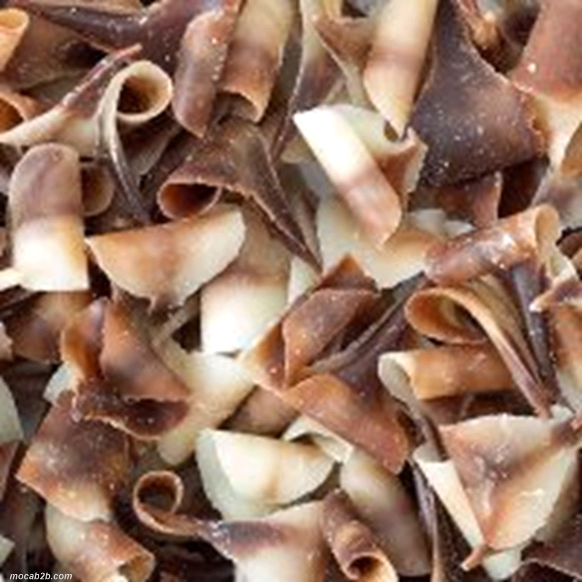 Decorazioni in cioccolato bianco e al latte modellate a ricciolo, ottenute da massa di cacao e burro
di cacao. VASCHETTA DA 700 G. 