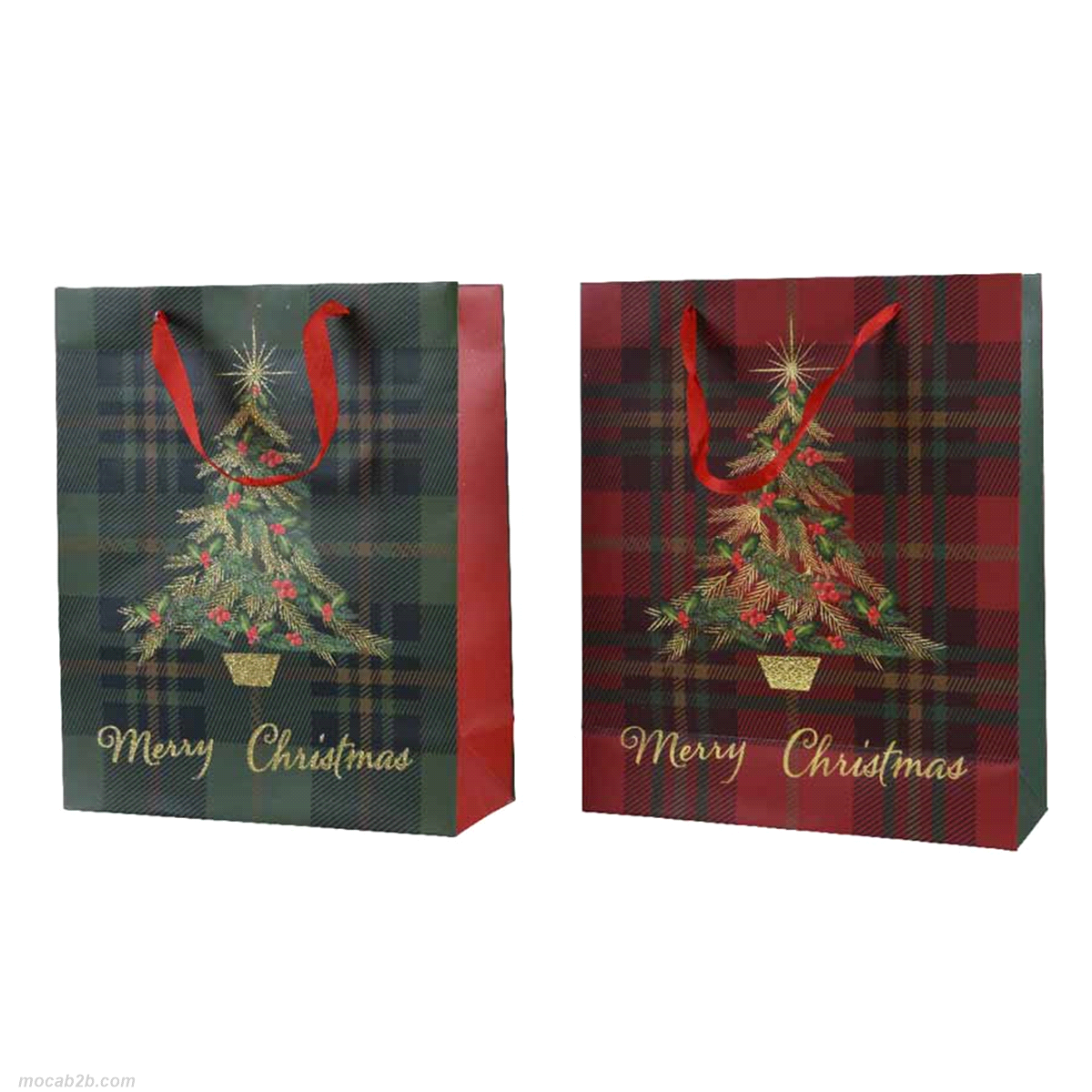 Borsa con stampa albero di Natale con glitter e con manici in 2 colori assortiti. Misure: 8x18 h.24cm. 