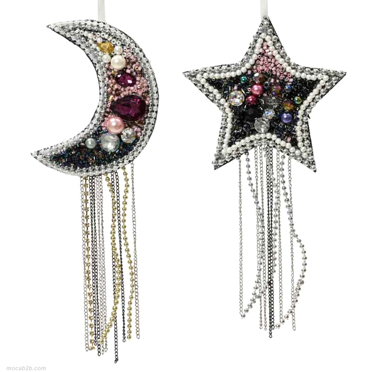 Stella e luna con perline in acrilico da appendere. Misure: 1x8 h.22cm. 