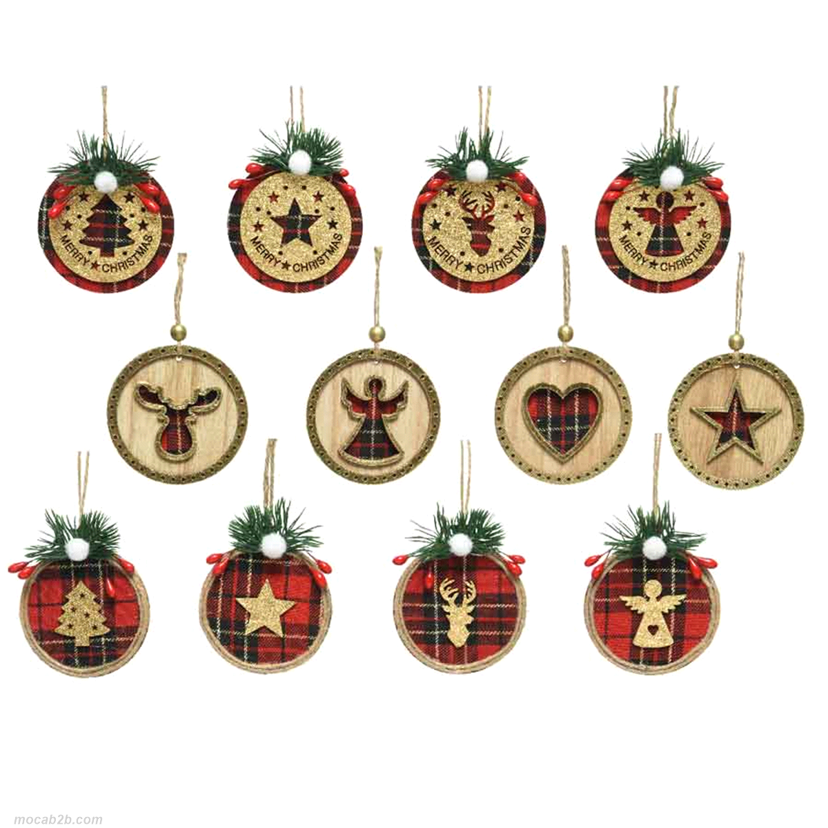 Dischetto con immagini natalizie in legno compensato in 12 modelli assortiti da appendere. Misure: 0,5x8 h.8cm. 