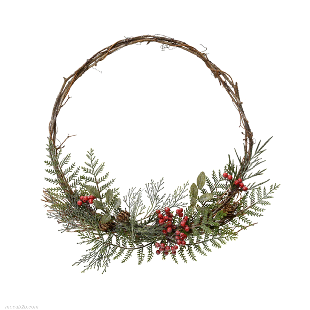 Ghirlanda verde glitterata con bacche rosse da interno. Misure: diametro 45 h. 7cm. 