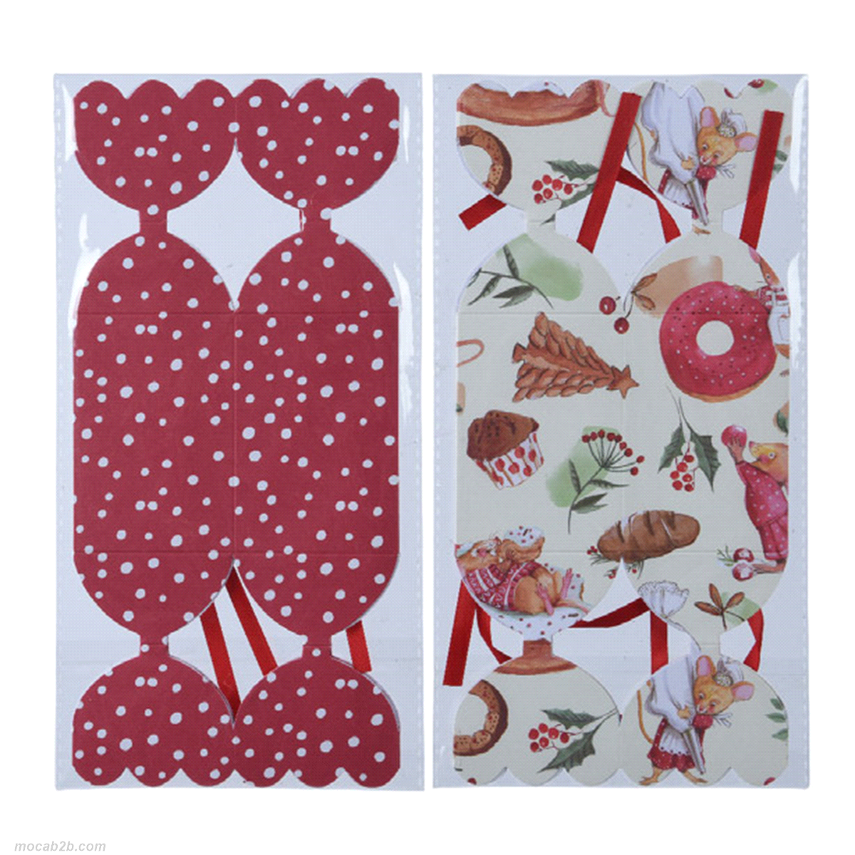 Pacco di caramelle di carta in due fantasie assortite per tre pezzi. Misure: 6x22x6cm. 