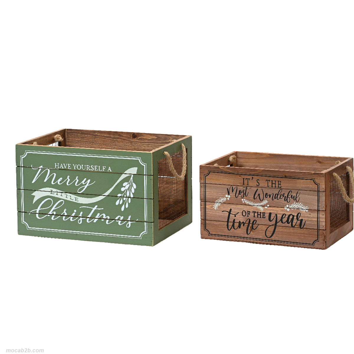 Casse in legno di pino e maglia in ferro verde/naturale, in 2 fantasie natalizie. Dimensioni: 40x30h25/ 