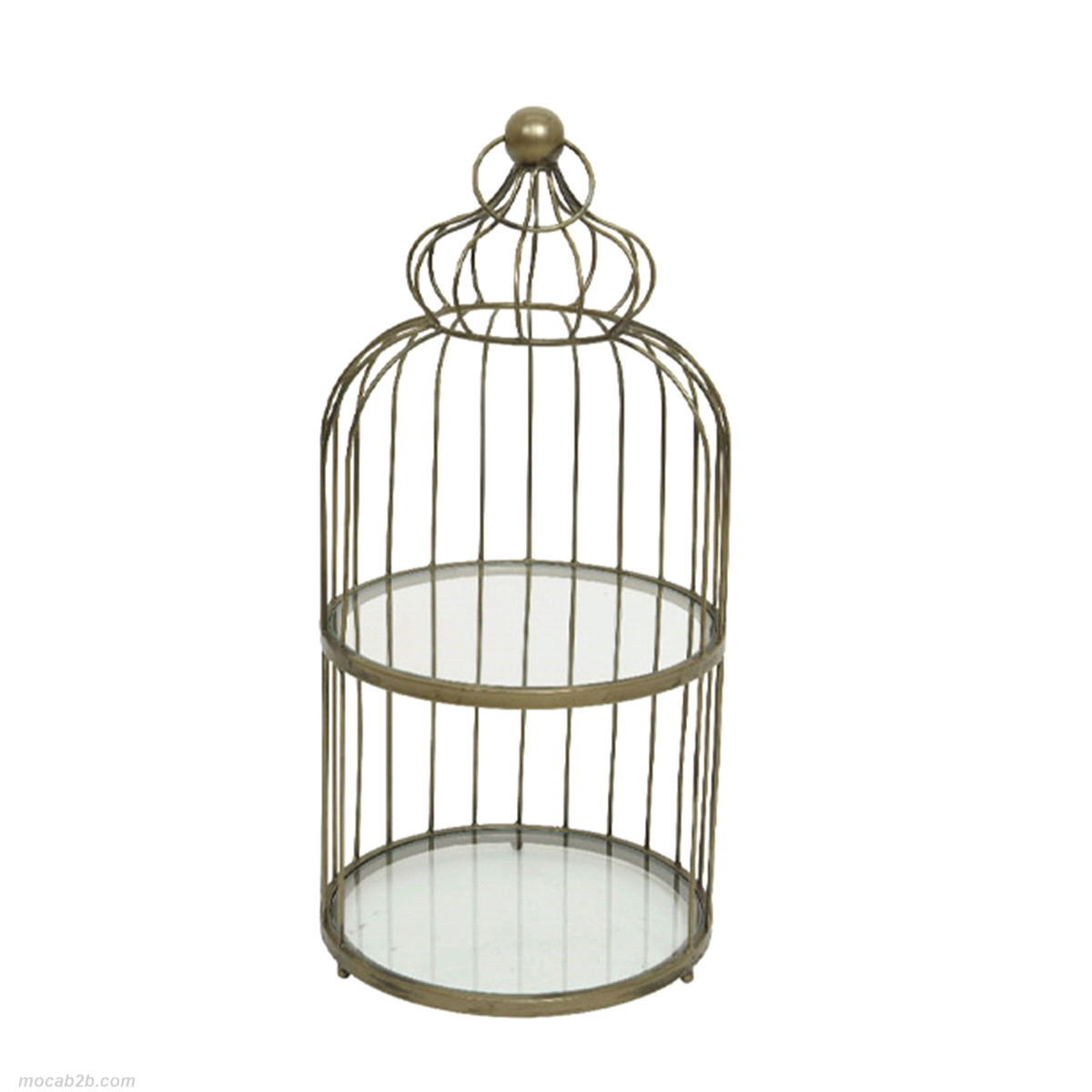 Gabbia a due ripiani colore oro antico. Misure: diametro 28cm h. 58cm. 