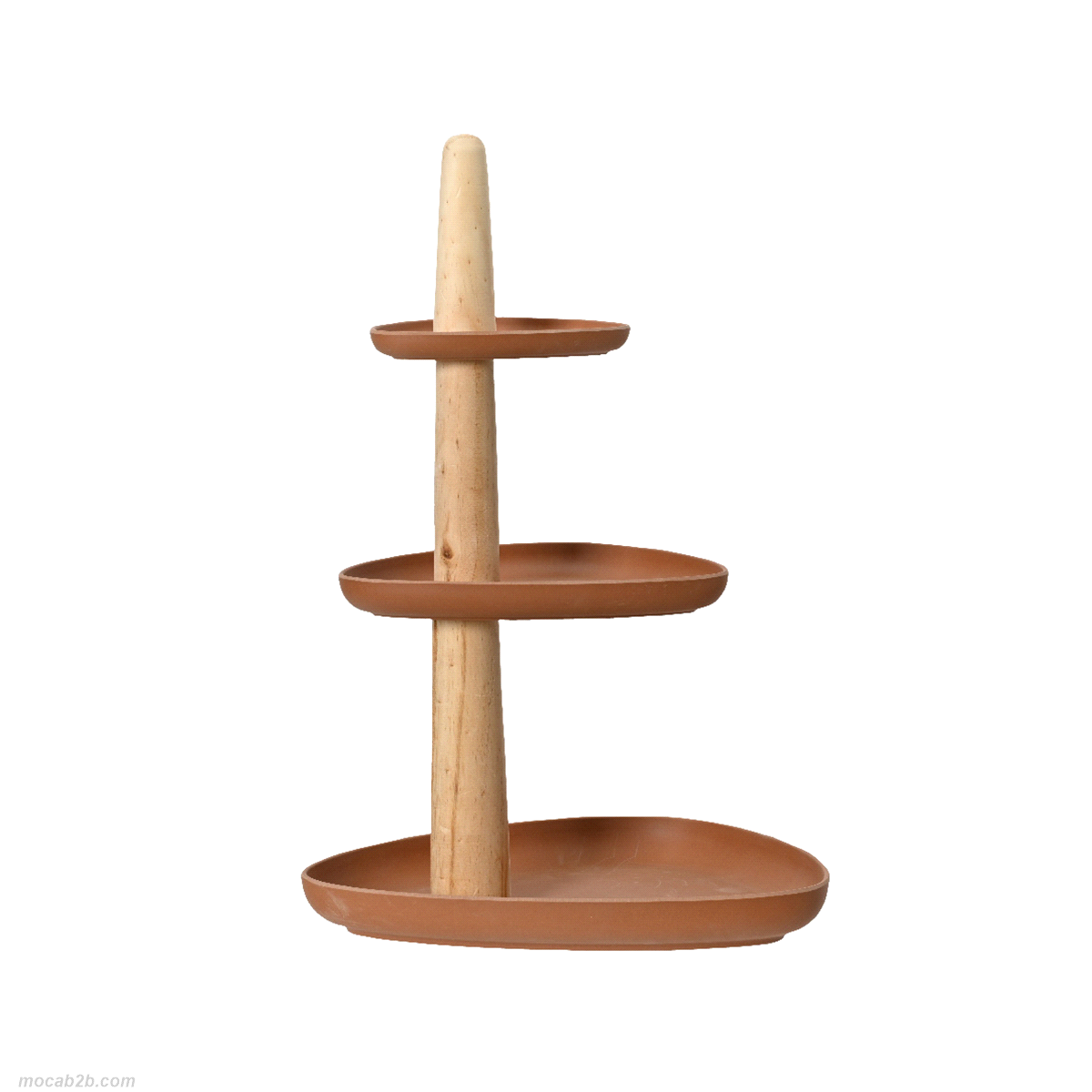 Alzata in bamboo colore terracotta a tre piani. Dimensioni: 45x35 h. 30cm. 