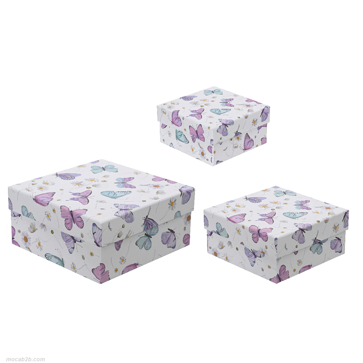 Set da tre scatole bianche con farfalle di cartone. Dimensioni: 17x17h.8/13x13h.6/10x10h.5cm. 