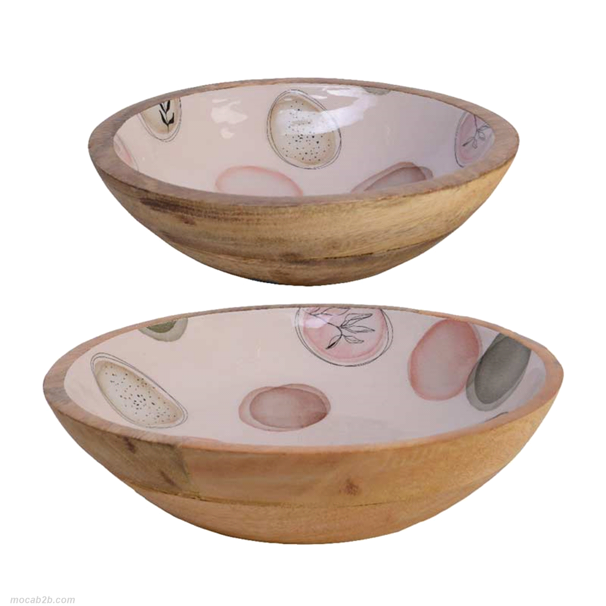 Set 2 ciotole in legno di mango rotonde con stampa smaltata assortita. Misure:diam.25h6,5cm/diam.20h.6,5cm 