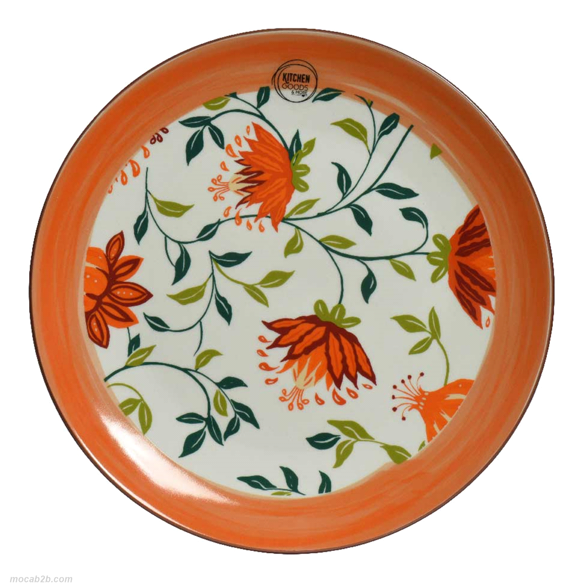 Piatto piano in porcellana con decalcomania floreale arancione. Misure: diametro 26,8 h.2,7cm. 