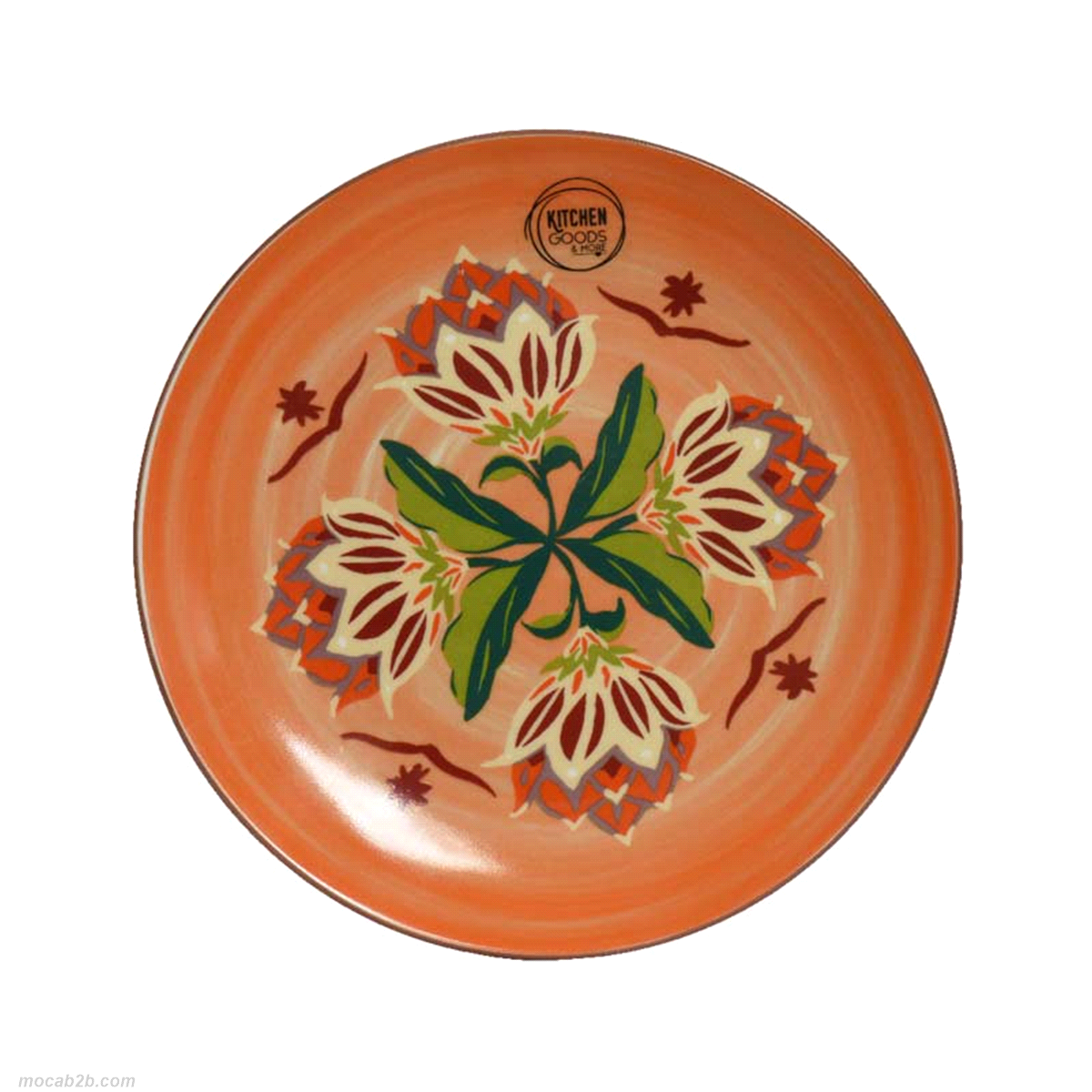 Piattino da colazione in porcellana con decalcomania floreale arancione. Misure: diametro 19,4 h.2cm. 