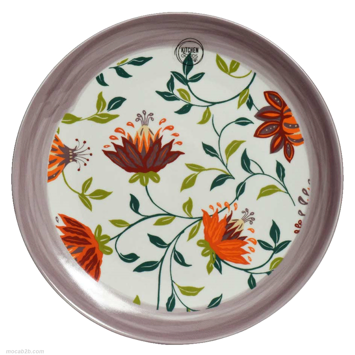 Piatto piano in porcellana con decalcomania floreale viola Misure: diametro 26,8 h.2,7cm. 