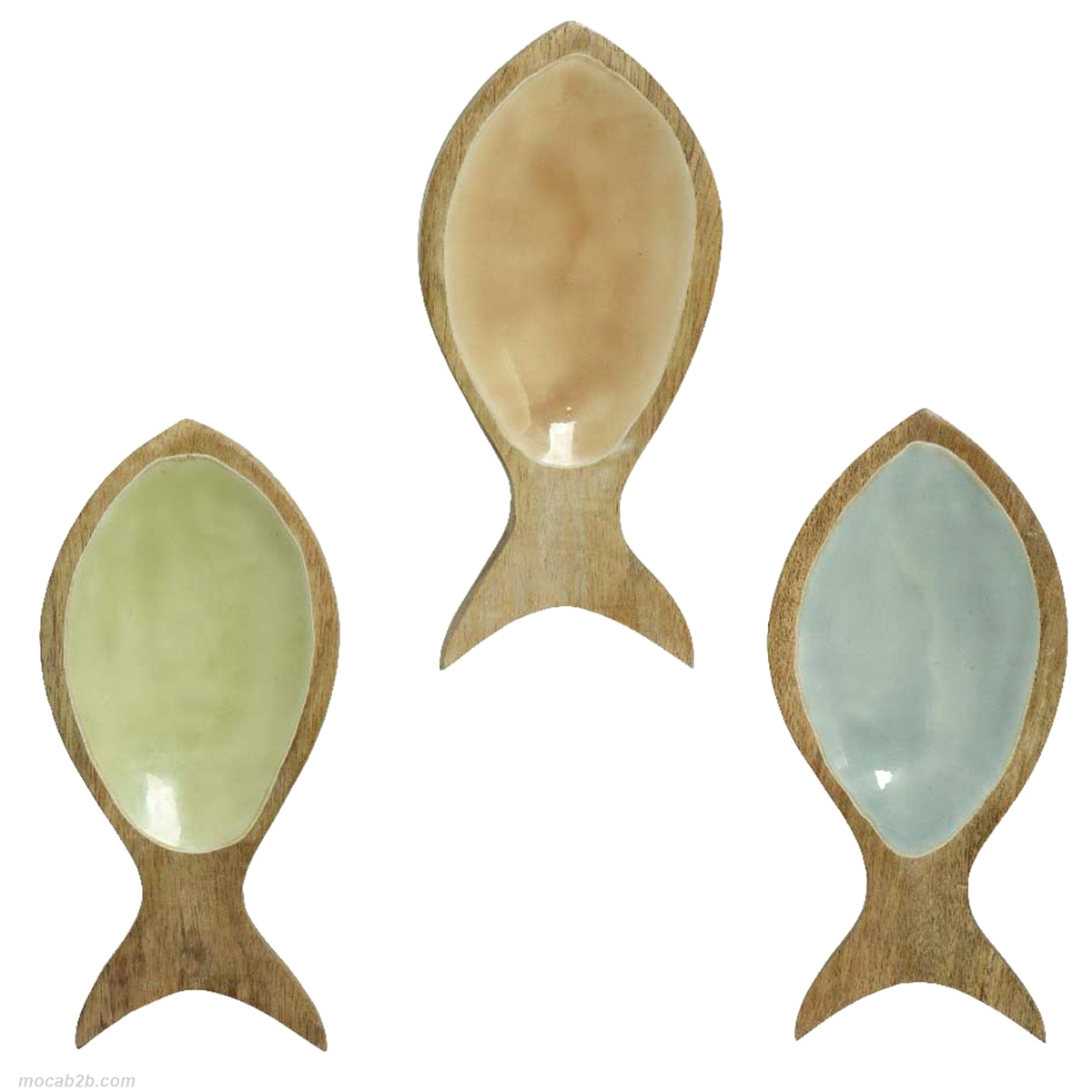 Ciotola a forma di pesce in legno di mango colori assortiti. Misure: 24x11 h.2cm. 